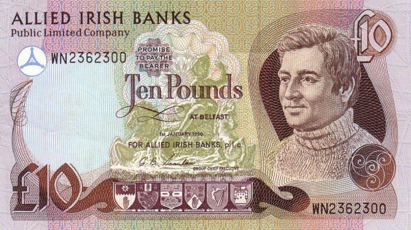 北爱尔兰 Pick 007a 1990.1.1年版10 Pounds 纸钞 