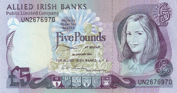 北爱尔兰 Pick 006 1990.1.1年版5 Pounds 纸钞 
