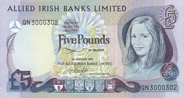 北爱尔兰 Pick 002 1982.1.1年版5 Pounds 纸钞 