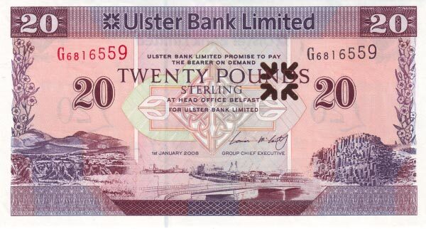 北爱尔兰 Pick 341 2008.1.1年版20 Pounds 纸钞 