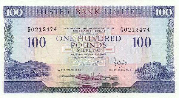 北爱尔兰 Pick 334 1990.12.1年版100 Pounds 纸钞 