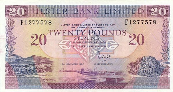 北爱尔兰 Pick 333 1990.11.1年版20 Pounds 纸钞 