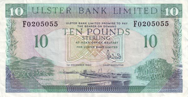 北爱尔兰 Pick 332 1990.12.10年版10 Pounds 纸钞 