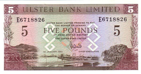 北爱尔兰 Pick 331b 1992.1.1年版5 Pounds 纸钞 