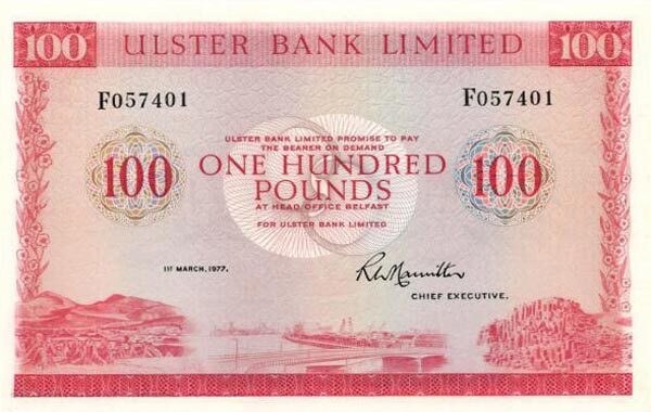 北爱尔兰 Pick 330a 1977.3.1年版100 Pounds 纸钞 