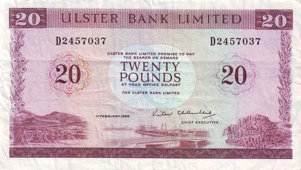 北爱尔兰 Pick 328c 1988.2.1年版20 Pounds 纸钞 
