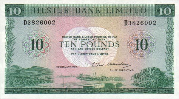 北爱尔兰 Pick 327c 1986.2.1年版10 Pounds 纸钞 