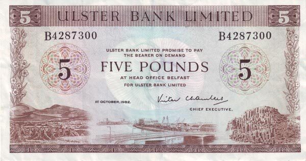 北爱尔兰 Pick 326c 1982.10.1年版5 Pounds 纸钞 