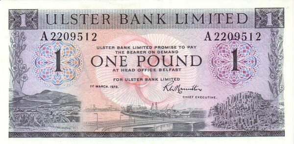 北爱尔兰 Pick 325b 1973.3.1年版1 Pound 纸钞 
