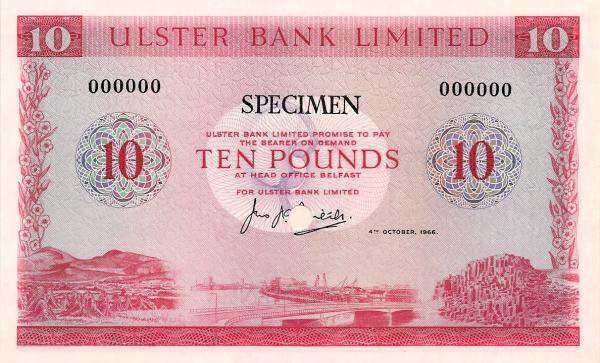 北爱尔兰 Pick 323s 1966.10.4年版10 Pounds 纸钞 
