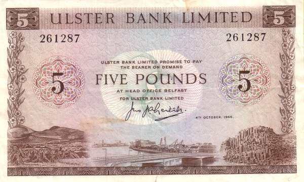 北爱尔兰 Pick 322 1966.10.4年版5 Pounds 纸钞 