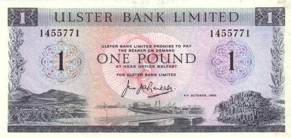 北爱尔兰 Pick 321 1966.10.4年版1 Pound 纸钞 