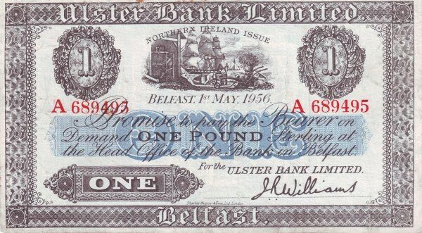 北爱尔兰 Pick 315c 1956.5.1年版1 Pound 纸钞 