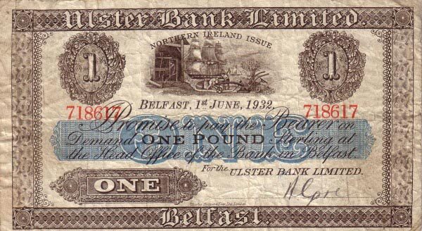 北爱尔兰 Pick 306 1932.6.1年版1 Pound 纸钞 