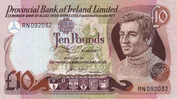 北爱尔兰 Pick 249a 1977.1.1年版10 Pounds 纸钞 
