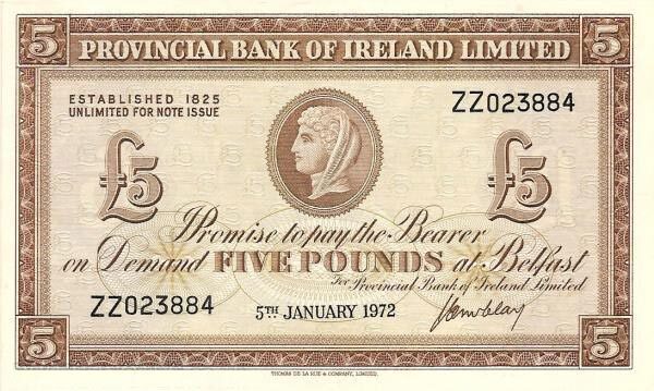 北爱尔兰 Pick 246 1972.1.5年版5 Pounds 纸钞 