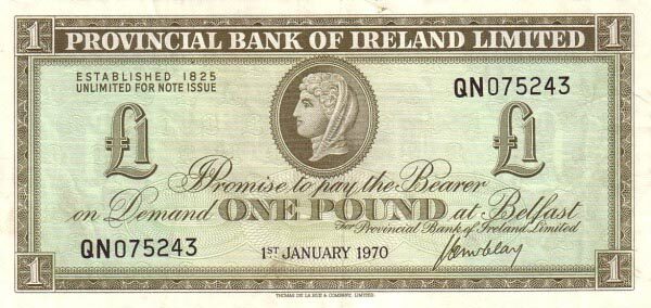 北爱尔兰 Pick 245 1970.1.1年版1 Pound 纸钞 
