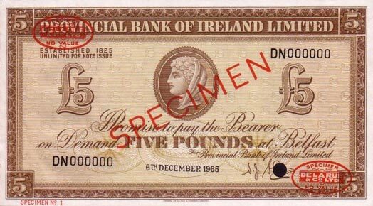 北爱尔兰 Pick 244s 1965.12.6年版5 Pounds 纸钞 