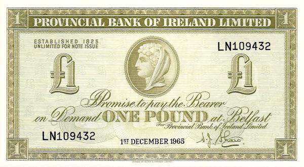 北爱尔兰 Pick 243 1965.12.1年版1 Pound 纸钞 
