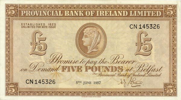 北爱尔兰 Pick 242 1957.6.5年版5 Pounds 纸钞 