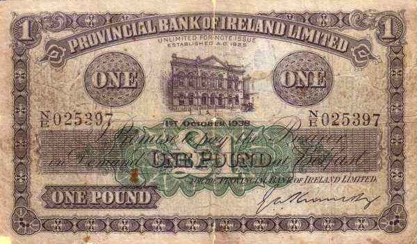 北爱尔兰 Pick 235b 1938.10.1年版1 Pound 纸钞 
