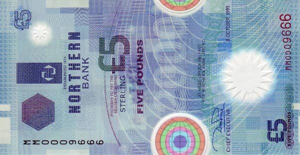 北爱尔兰 Pick 203a 1999.10.8年版5 Pounds 纸钞 135x70