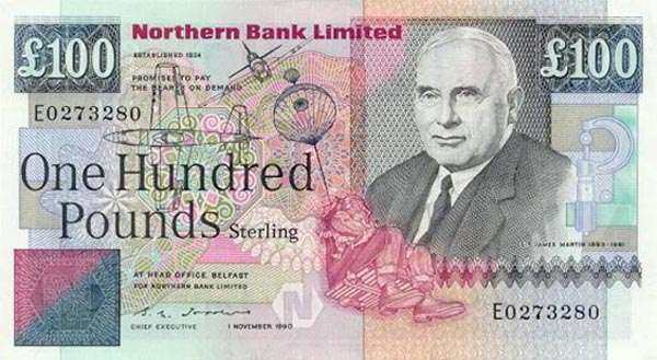 北爱尔兰 Pick 197 1990.11.1年版100 Pounds 纸钞 