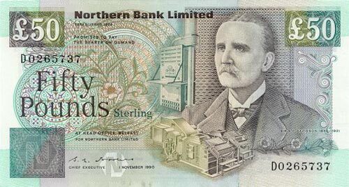 北爱尔兰 Pick 196 1990.11.1年版50 Pounds 纸钞 