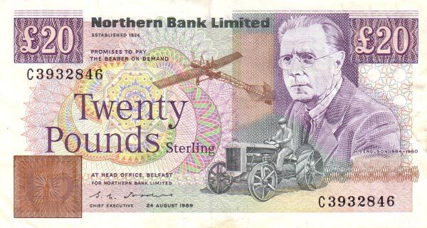 北爱尔兰 Pick 195b 1989.8.24年版20 Pounds 纸钞 