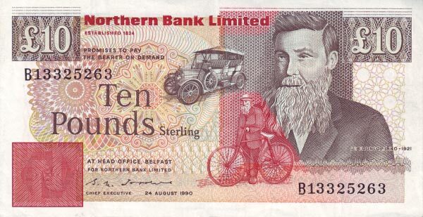 北爱尔兰 Pick 194a 1990.8.24年版10 Pounds 纸钞 