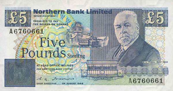 北爱尔兰 Pick 193a 1989年版5 Pounds 纸钞 