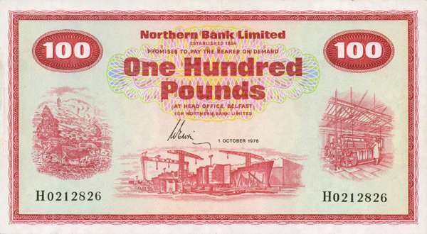 北爱尔兰 Pick 192d 1978.10.1年版100 Pounds 纸钞 