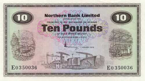 北爱尔兰 Pick 189 1975.1.1年版10 Pounds 纸钞 