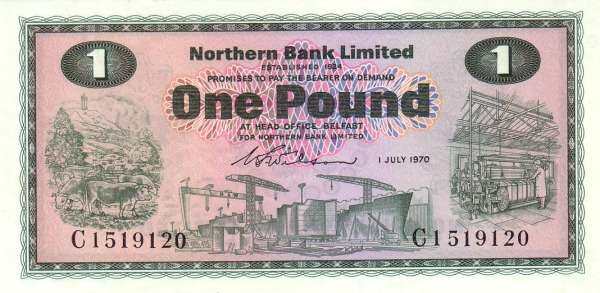 北爱尔兰 Pick 187a 1970.7.1年版1 Pound 纸钞 