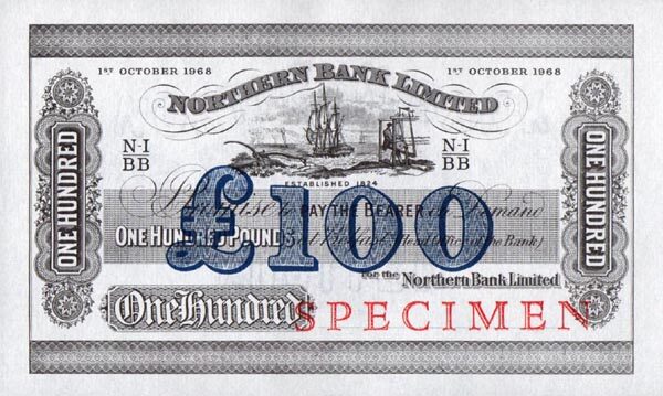 北爱尔兰 Pick 186s 1968.10.1年版100 Pounds 纸钞 