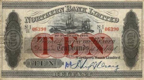 北爱尔兰 Pick 181a 1930.11.1年版10 Pounds 纸钞 