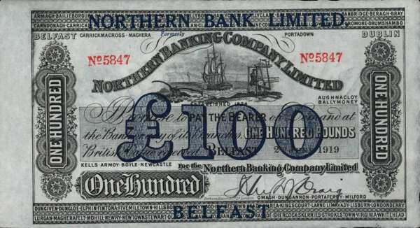 北爱尔兰 Pick 177 1919.6.2年版100 Pounds 纸钞 