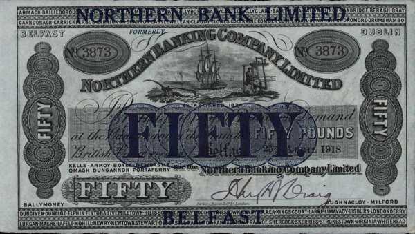 北爱尔兰 Pick 176 1918.4.25年版50 Pounds 纸钞 
