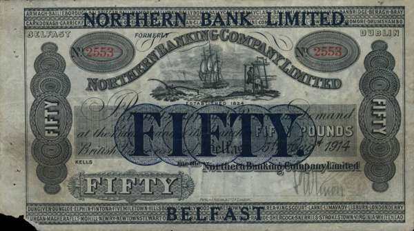 北爱尔兰 Pick 175 1914.8.5年版50 Pounds 纸钞 