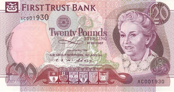 北爱尔兰 Pick 133a 1994.1.10年版20 Pounds 纸钞 