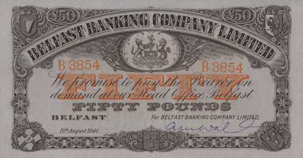 北爱尔兰 Pick 130b 1940.8.10年版50 Pounds 纸钞 