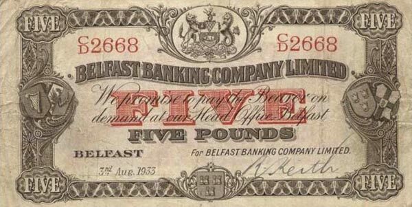 北爱尔兰 Pick 127b 1933.8.3年版5 Pounds 纸钞 