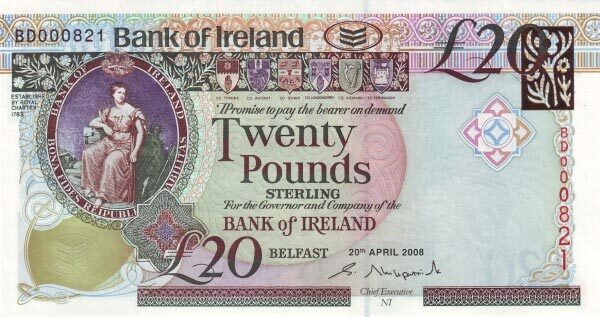 北爱尔兰 Pick 085 2008.4.20年版20 Pounds 纸钞 150x80