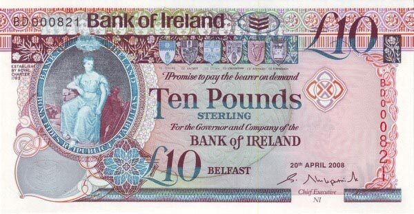 北爱尔兰 Pick 084 2008.4.20年版10 Pounds 纸钞 143x75