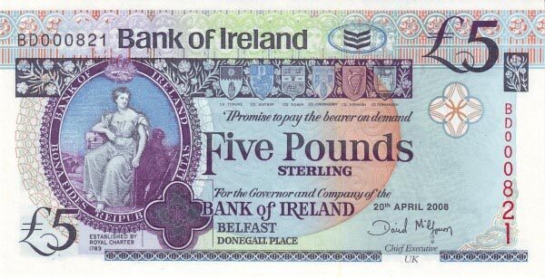 北爱尔兰 Pick 083 2008.4.20年版5 Pounds 纸钞 136x70