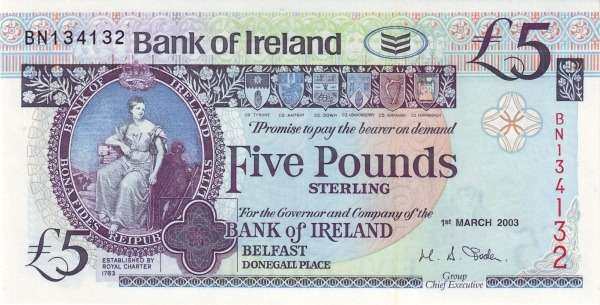 北爱尔兰 Pick 079 2003.3.1年版5 Pounds 纸钞 