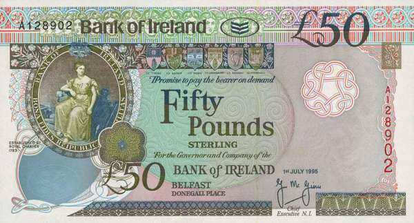 北爱尔兰 Pick 077 1995年版50 Pounds 纸钞 