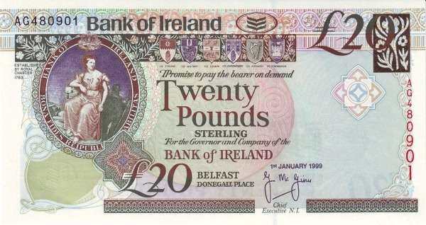 北爱尔兰 Pick 076b 1999.1.1年版20 Pounds 纸钞 