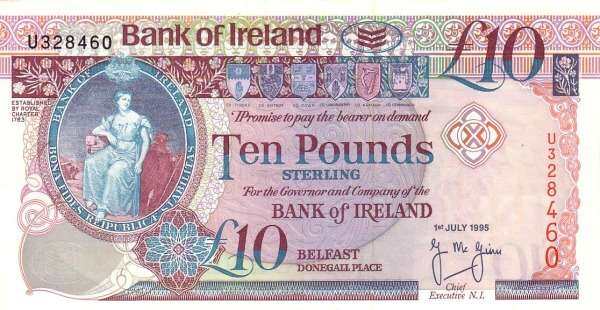 北爱尔兰 Pick 075a 1995.7.1年版10 Pounds 纸钞 