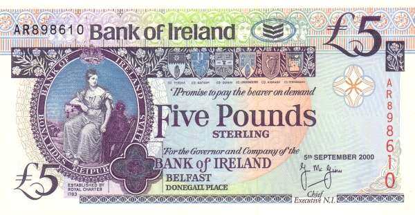 北爱尔兰 Pick 074c 2000.9.5年版5 Pounds 纸钞 